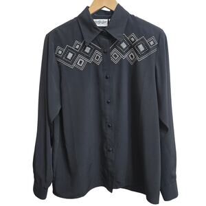 Yves St Clair Womens Vtg Western Rodeo Beaded Embroidered Black Button-Up Top L